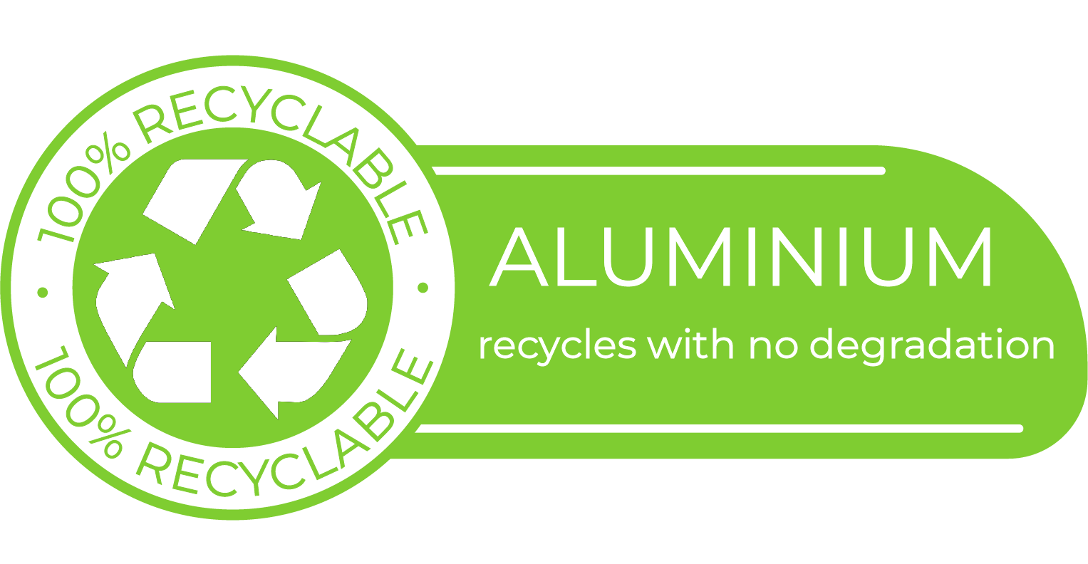 100% recyclable aluminium recycles with no degradation sustainability icon